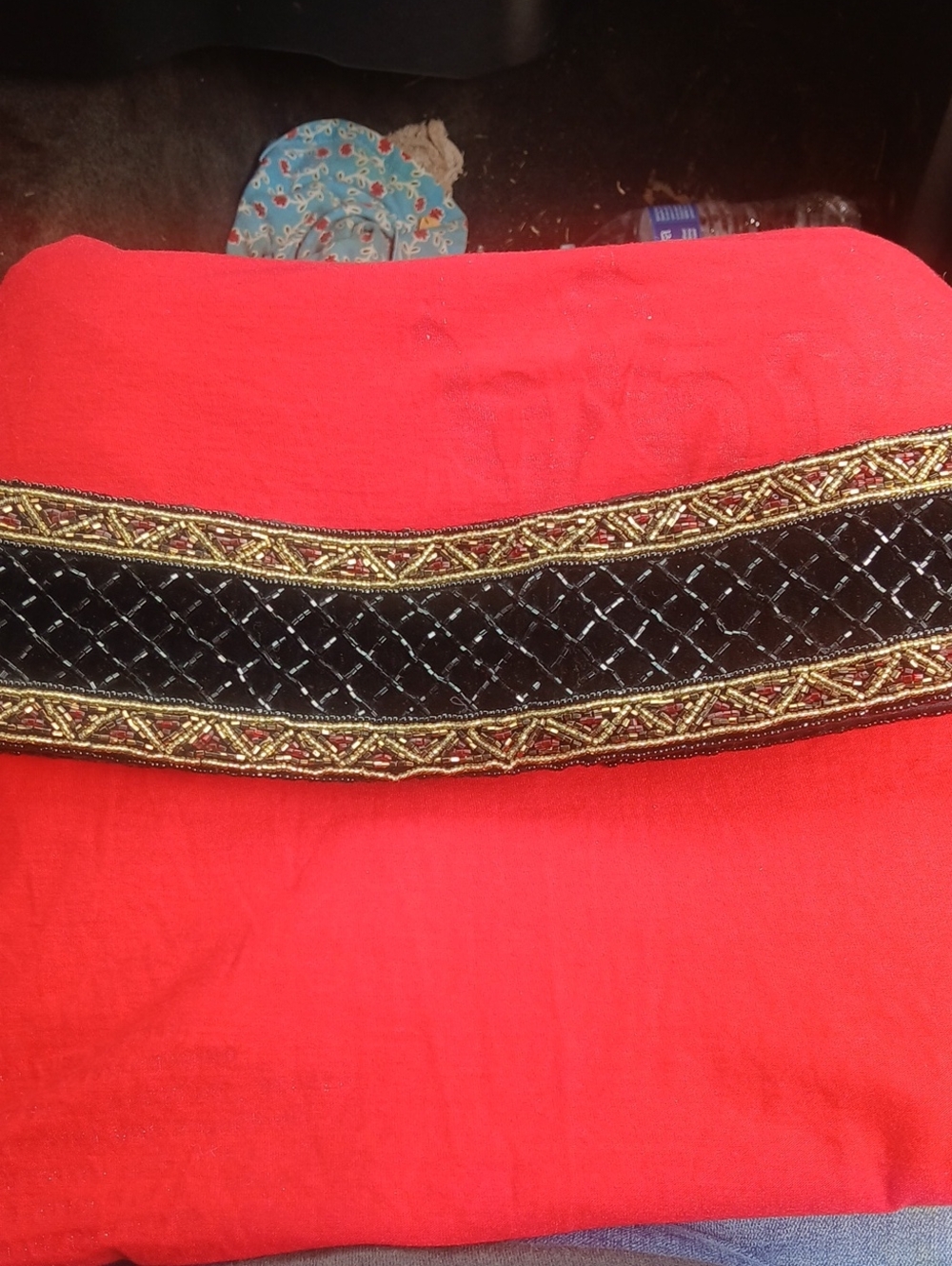 1970s Or 1980s Christian Dior Black Velvet Bag with Gold and Red Bead Trim
